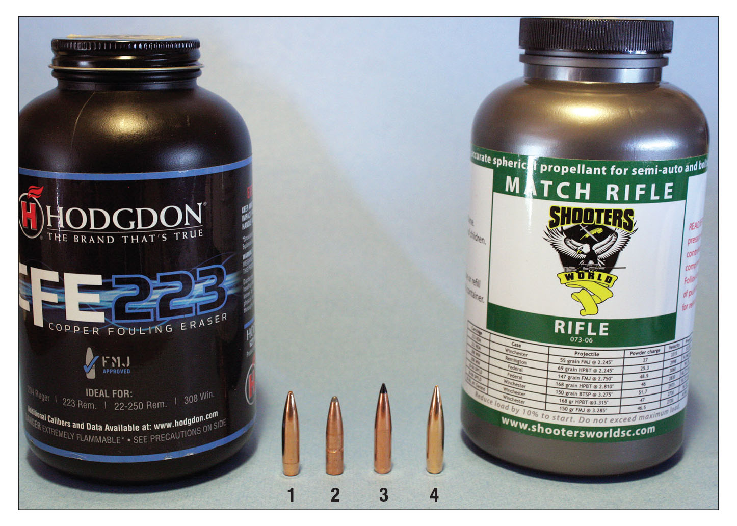 Medium-weight bullets performed best with CFE 223 and Shooters World Match Rifle. Bullets include the (1) Lapua 120-grain Scenar-L, (2) Hornady 129-grain InterLock Spire Point, (3) Swift 130 Scirocco II and (4) the Berger 130-grain AR Hybrid OTM Tactical.